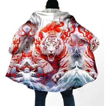 Татуировка с изображением тигра в виде животного, 3D ПРИНТ, толстый Теплый плащ с капюшоном, Мужское пальто, Ветрозащитная Флисовая накидка, халат, одеяло с капюшоном-3