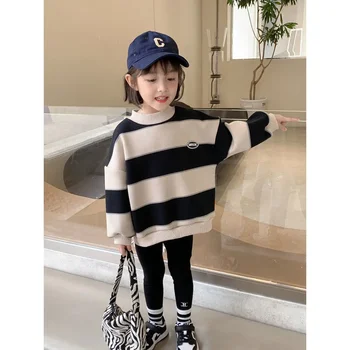 Толстовка с капюшоном для девочек 2023 года, Новая Детская одежда в корейском стиле в иностранную полоску, осенне-зимняя толстовка с капюшоном