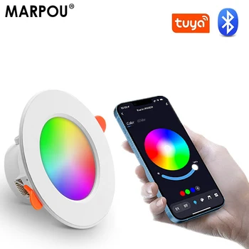 Умная светодиодная лампа MARPOU Tuya с Bluetooth-даунлайтом, круглый точечный светильник мощностью 10 Вт, встраиваемые светодиодные прожекторы с изменением цвета RGB для потолка
