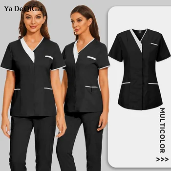 Униформа клинической медсестры, скрабы, топ, одежда врача с коротким рукавом, Однотонная медицинская блузка-скраб, VNeck, Рабочая одежда
