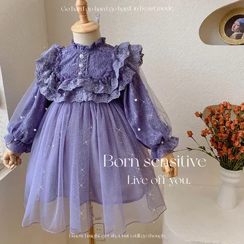 Фиолетовая детская одежда, весеннее платье для девочек 2023, Новая фатиновая юбка в стиле пэчворк, Модное детское платье принцессы