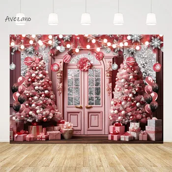 Фон для фотосъемки Avezano Розовые Рождественские елки Подарки Арочная дверь Зима Снег Фотосессия детей и семьи Фотостудия
