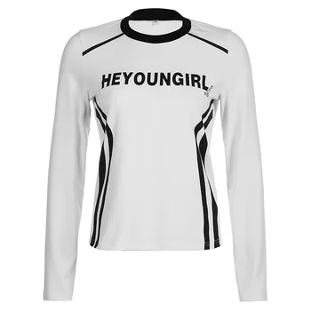 Футболка с длинными рукавами и буквенным принтом в байкерском стиле, тонкая повседневная футболка для женщин, осенняя женская одежда Y2k, топы, футболки