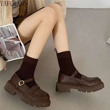 Черные женские ботинки на платформе с массивным каблуком, Осень 2023, Новые модные Тонкие эластичные носки, Ботинки, пряжка для ремня, Винтажные короткие сапоги