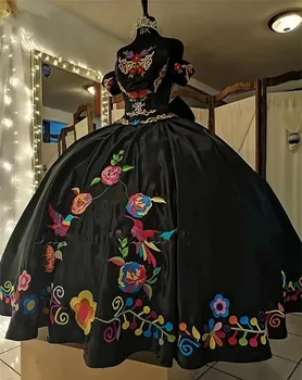 Черные пышные платья принцессы, Бальное платье с вышивкой с открытыми плечами, Сладкие 16 платьев, 15 Мексиканских нарядов.
