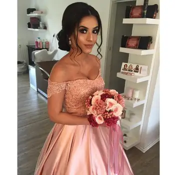 Элегантное розовое арабское свадебное платье трапециевидной формы с открытыми плечами, кружевные аппликации, бусины, шнуровка длиной до пола