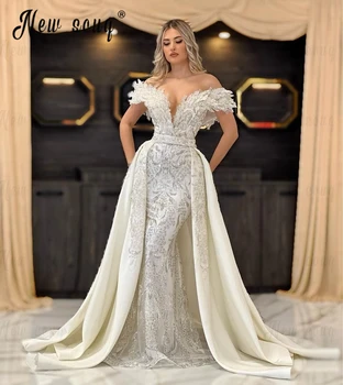 Элегантное свадебное платье со съемным шлейфом 2023 года с открытыми плечами, расшитое бисером, свадебные платья в Дубае свадебное платье Высокая мода