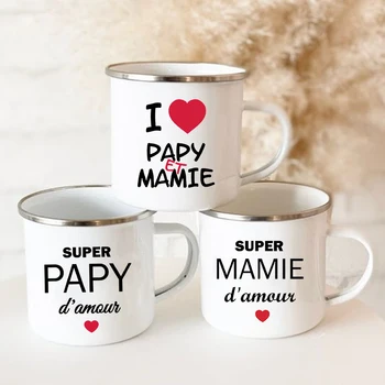 Эмалированная кружка с принтом Super Papy Mamie, креативные Кофейные чашки, напитки, вода, чашка для молока, Эмалированная кружка, домашняя посуда, подарки для бабушки и дедушки