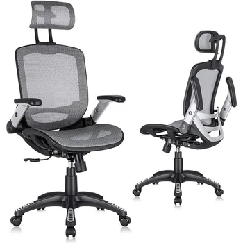 Эргономичный офисный стул с сеткой, рабочее кресло с высокой спинкой - Регулируемый подголовник с откидывающимися подлокотниками, функцией наклона, поясничная поддержка