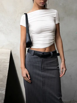 Эстетическая одежда Yk2, женские укороченные футболки с коротким рукавом, асимметричные топы с открытыми плечами и рюшами для уличной одежды