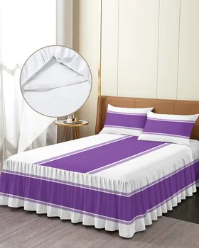 Юбка в фиолетовую полоску, Эластичное Облегающее покрывало с наволочками, Защитное покрытие для кровати, Наматрасник, комплект постельного белья, простыня