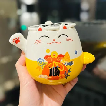 Японская керамическая Кофейная кружка Cute Lucky Cat с крышкой, большая емкость, Молочная кружка для завтрака Maneki Neko, Офисная Чайная чашка, посуда для напитков 450 мл